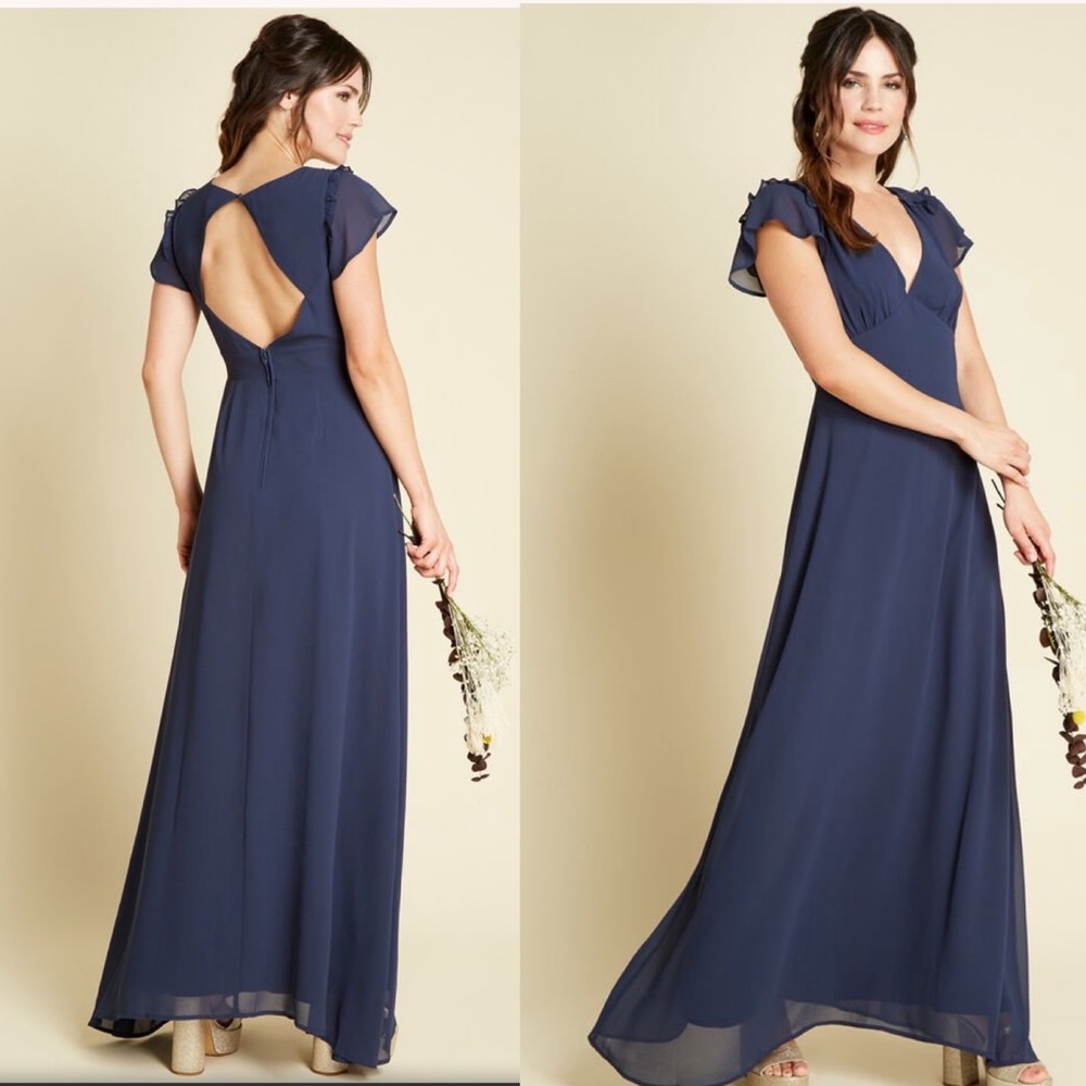 Mod Cloth Your Flowing Places Navy Ruffle Gown